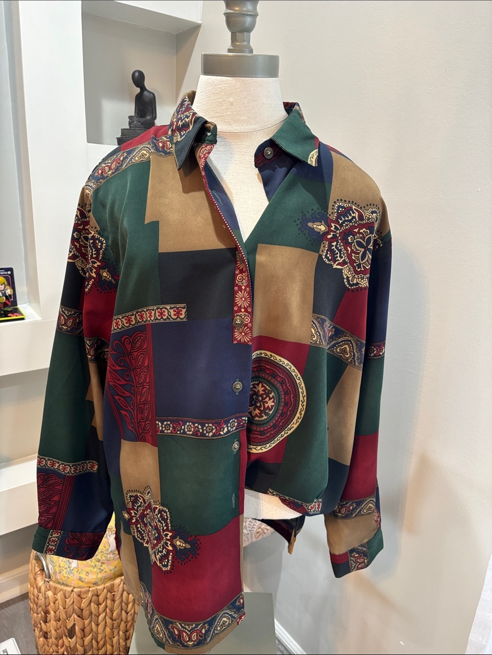 BonWorth Patchwork Medallion Button-Down Shirt — Green, Navy & Burgundy